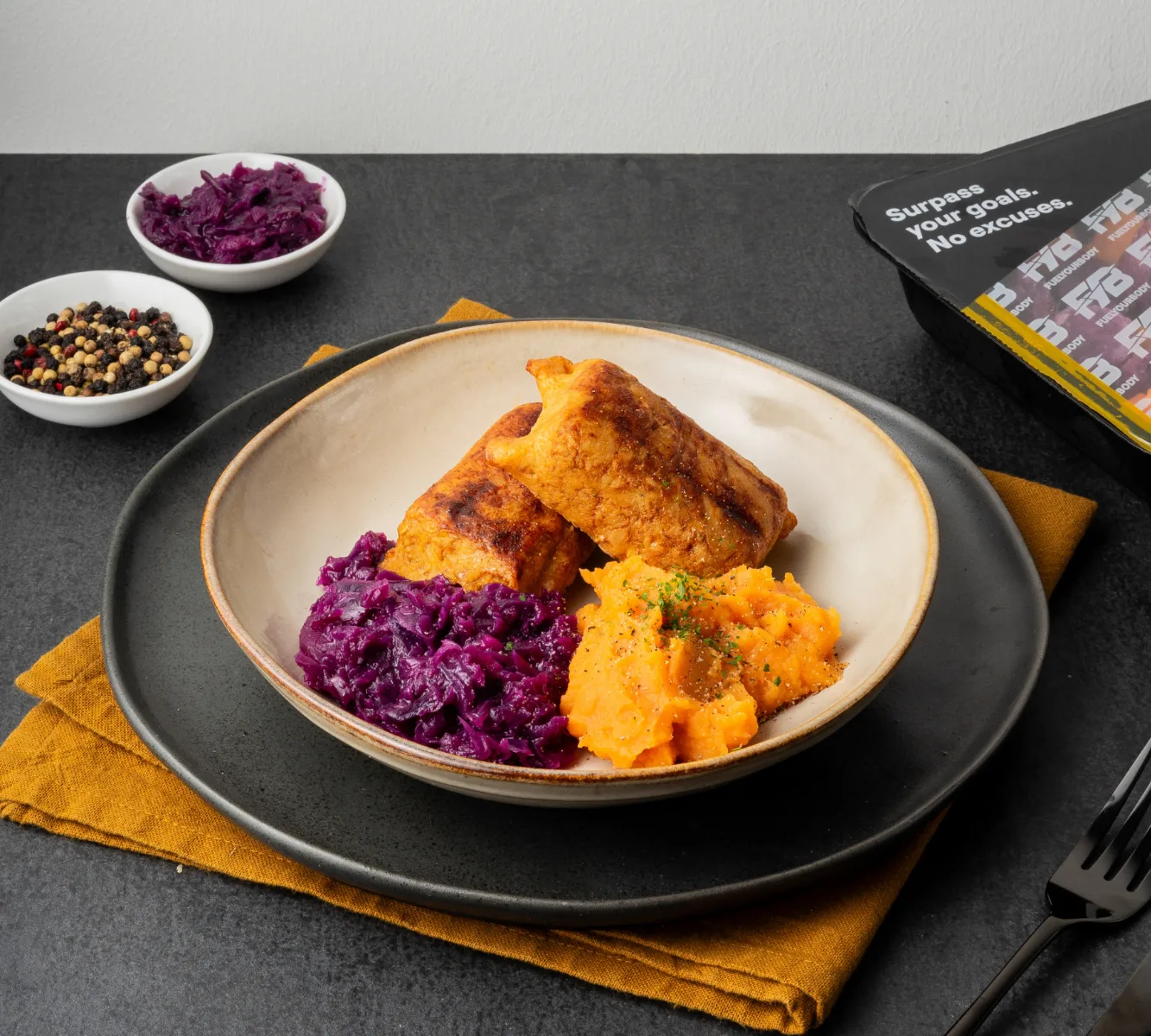Zoete Aardappelpuree - Kipvink - Rode Kool (met kruiden)